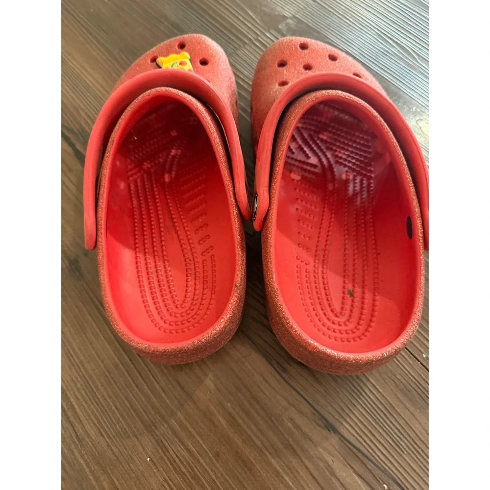 Crocs Kids Classic Glitter Clog Red Sparkle Shoes J2 Pizza Jibbitz Charm